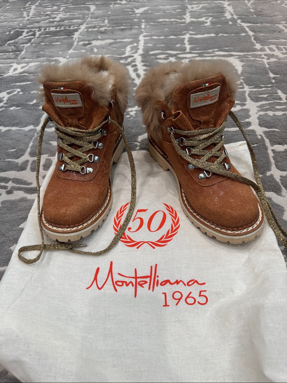 Italiana Tan Suede Fur-Trim Ankle Boots